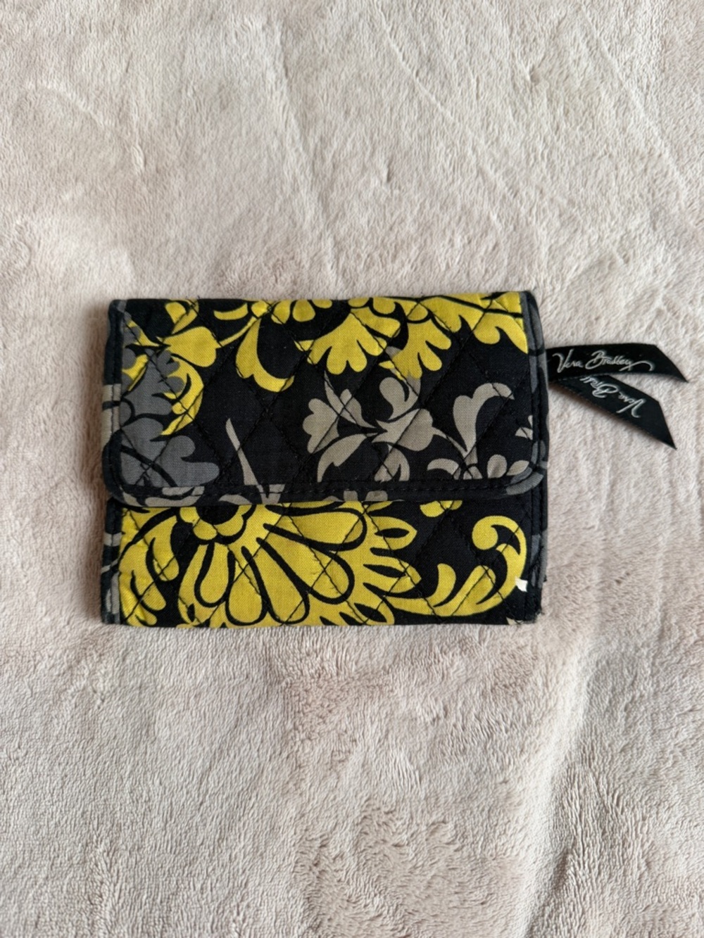 Vera Bradley Quilted Floral Trifold Wallet in Black, Yellow and Gray